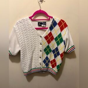 Vintage 90’s Lizsport tennis argyle short sleeve sweater cardigan size medium
